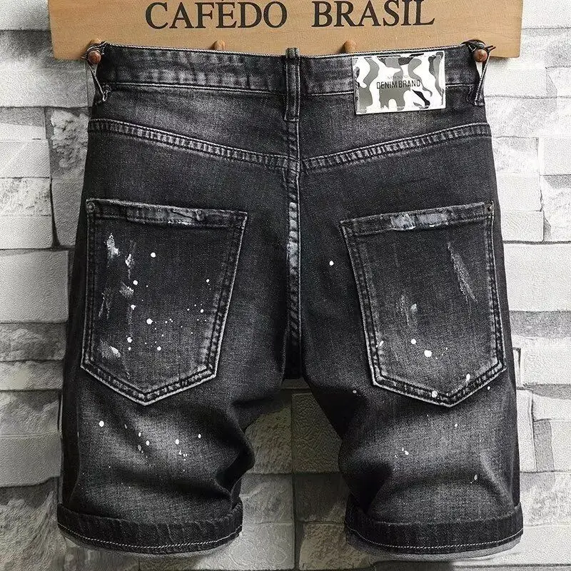 2025 Denim Shorts Men's Summer Trend Brand Printed Embroidered Trend Slim-Fit Casual Elastic Black Trousers Man Jeans Pants 3