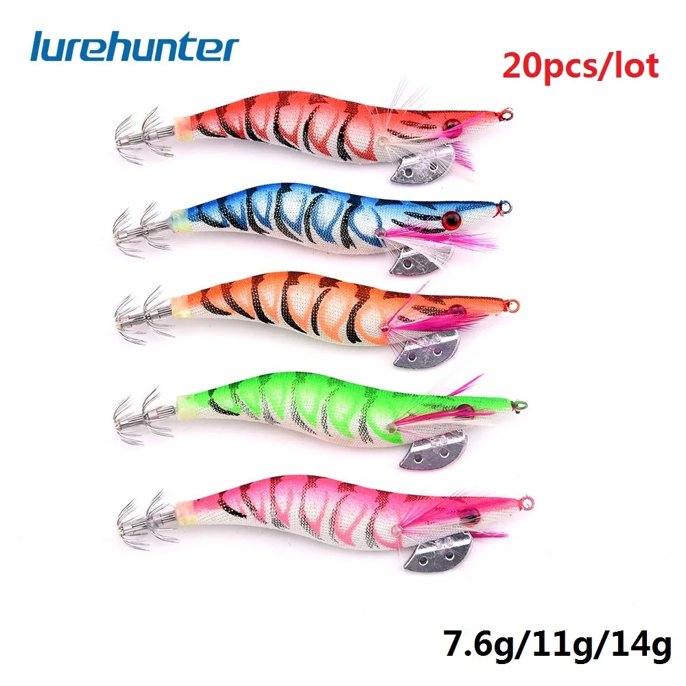 

20pc 3.0# /2.5# /2.0# All Body Luminous Shrimp Squid Jigs Fishing Lure 5 Color Fishing Tackle Fishing Bait