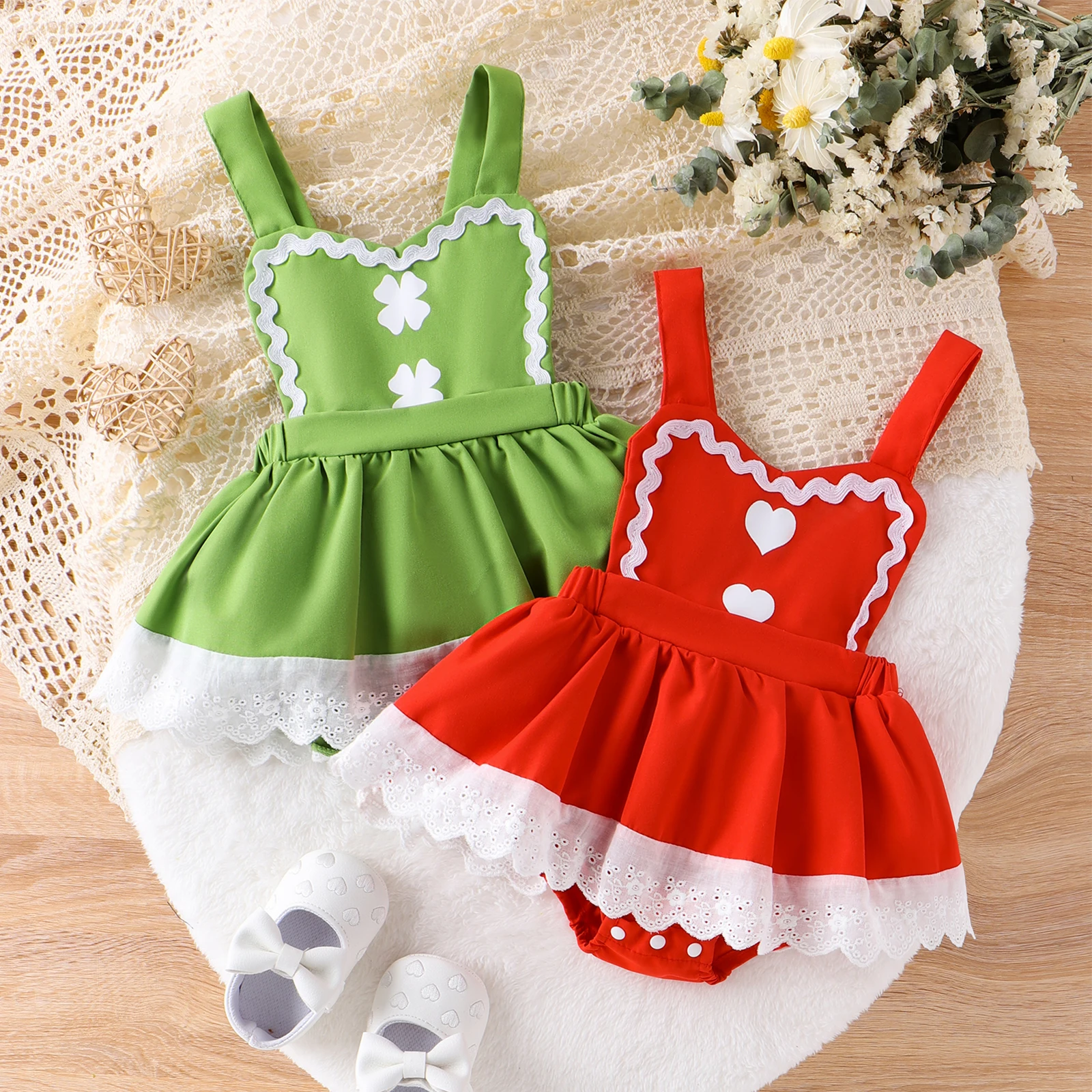 

Listenwind Baby Girls Romper Dress For Summer Infant Sleeveless Heart Print Lace Trim Hem Romper For 0-18 Months