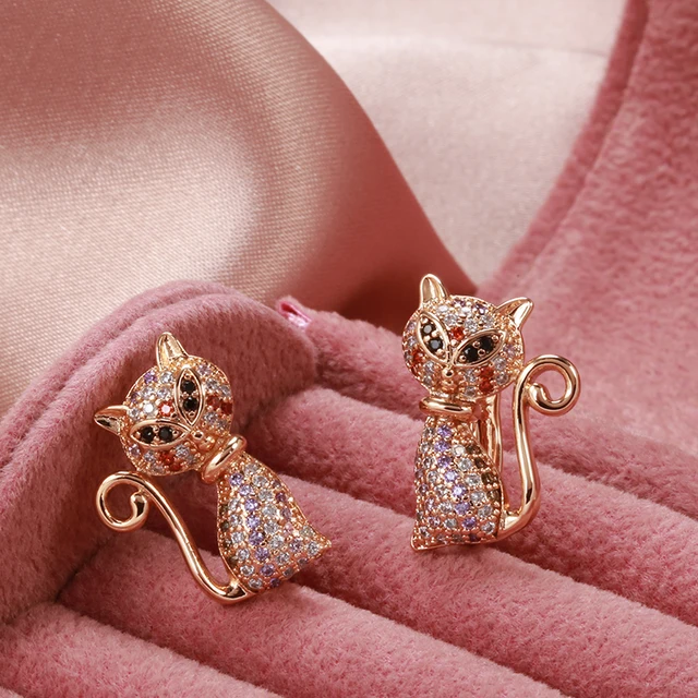 Wbmqda New Fashion 585 Rose Gold Color Cute Cat Shape Earrings For Women Colorful Zircon Setting Unusual Animal Ear Drop Jewelry