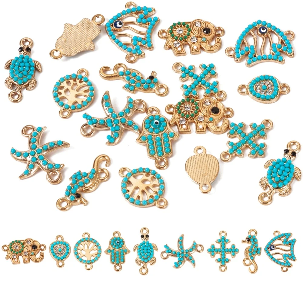 

18Pcs/Box Alloy Connector Charms Turquoise Cross Teardrop Elephant Sea Horse Starfish Fish Turtle Links for jewelry making