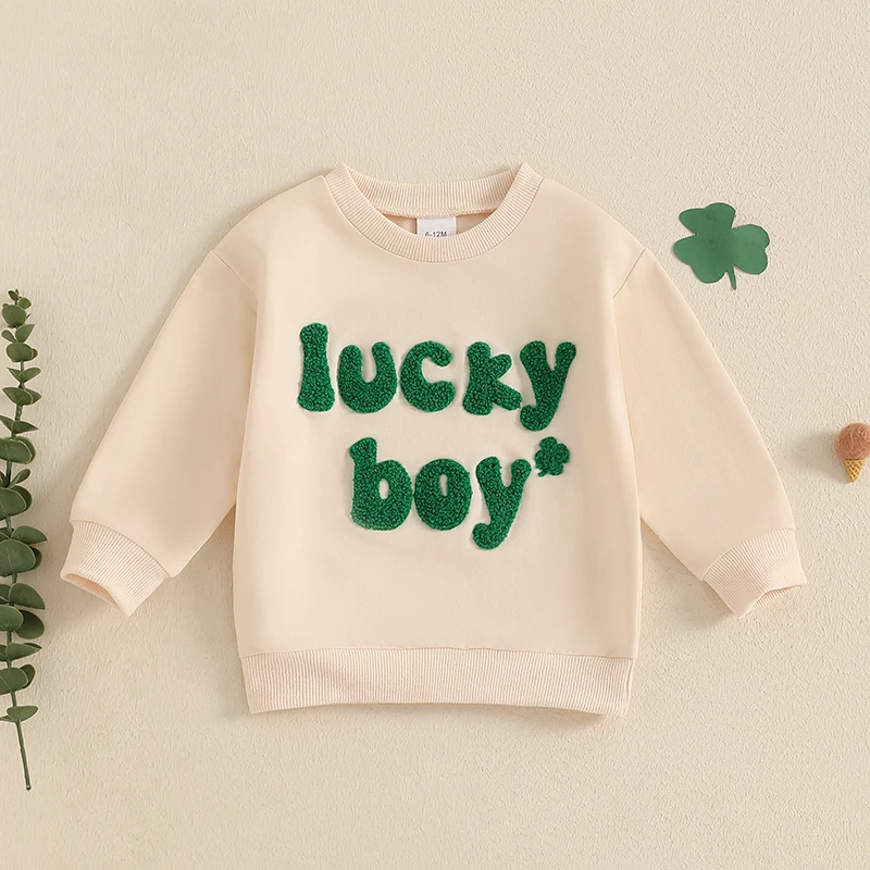 -01-02 Lioraitiin Toddler Baby Boy Irish Sweatshirt Spring Letter Clover Embroidered Long Sleeve O-Neck Casual Pullover Tops