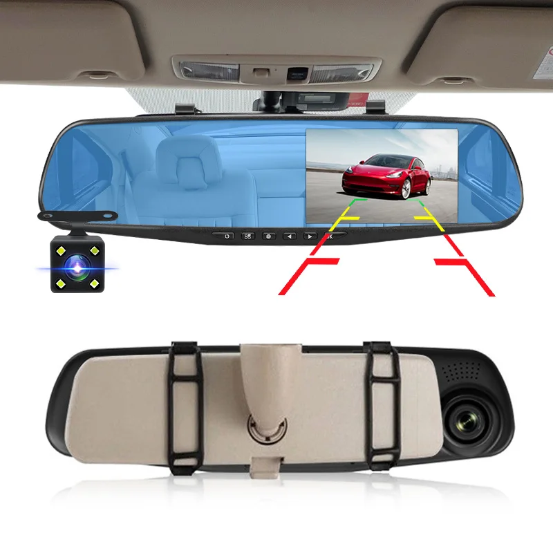 מצלמת דרך 4.3 אינץ' עם מראה, מקליט HD 1080P, עדשה כפולה, מצלמה אחורית אופציונלית לרכב, ראיית לילה וקווי סיוע לחניה