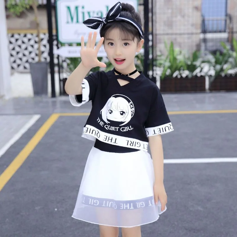

Summer New Kids Clothes Girls Fashion Crewneck Letter Print Pullover Top + Casual Mesh Skirt 2pcs Streetwear Outfit Set 4-12 Yrs