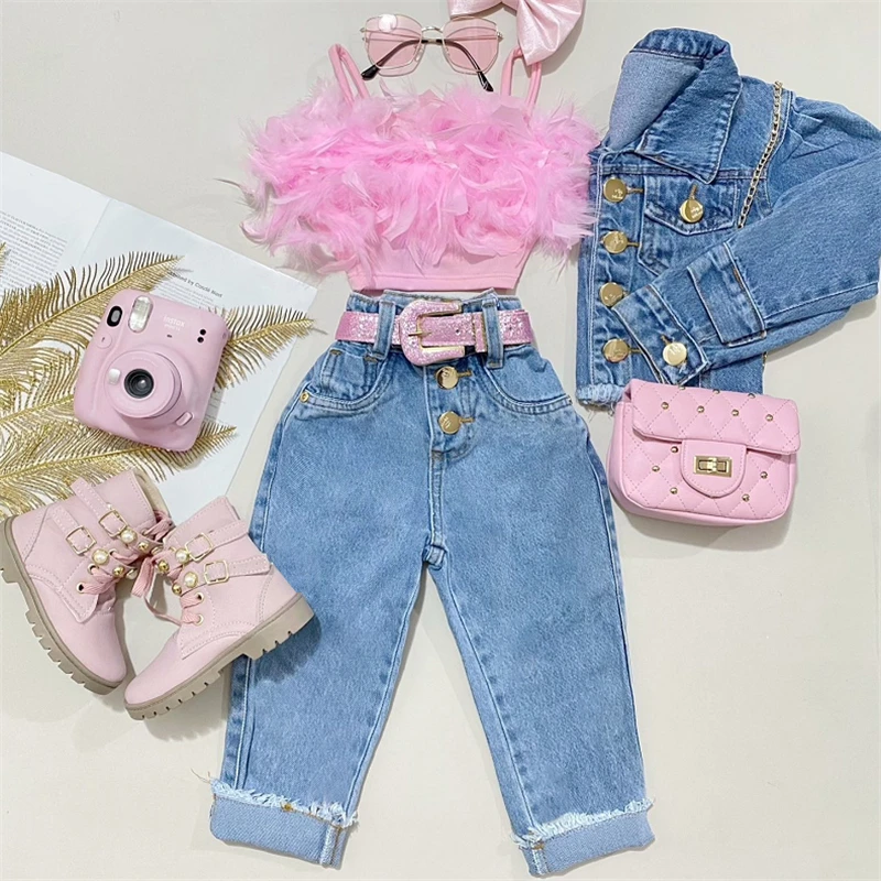 Girls Pink Feather Camisole + Denim Pants Outfit Set 1