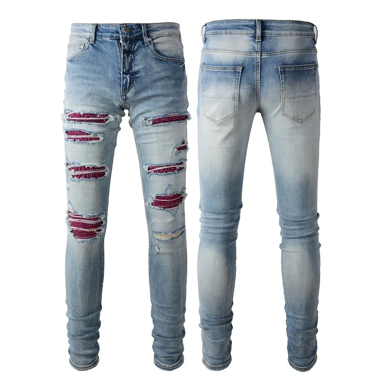 

Men Hole Ripped Skinny Pants with Rhinestone Embroidered Patched Destroyed Slim Denim Trousers Quality Hip Hop Beggar Jeans