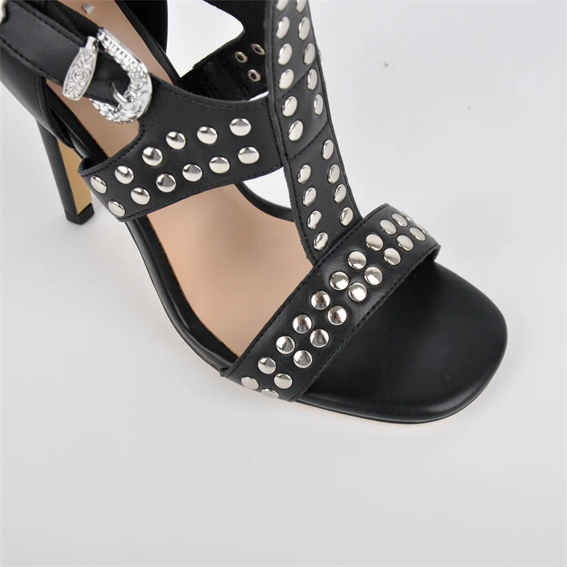 Onlymaker Women Round Toe Hollow Buckle Starp Thigh Stiletto Sandals Ankle Strap Zipper Gladiator Buckle Sandals