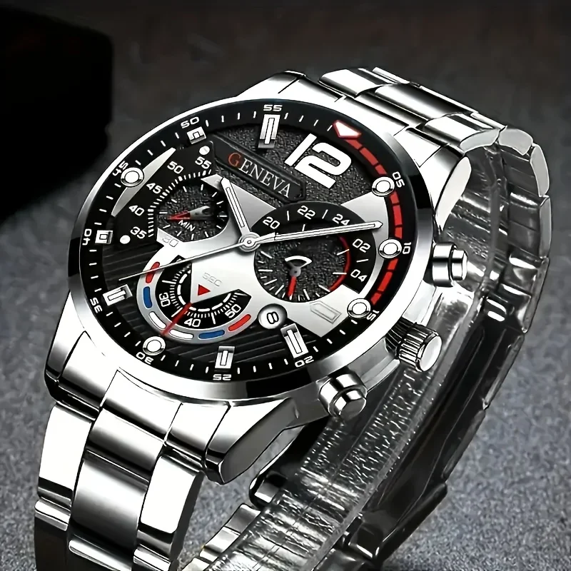Geneva Quartz Men's Watch Set with Anti Shock Simulated Circular Display Screen, Cool and Handsome Style,