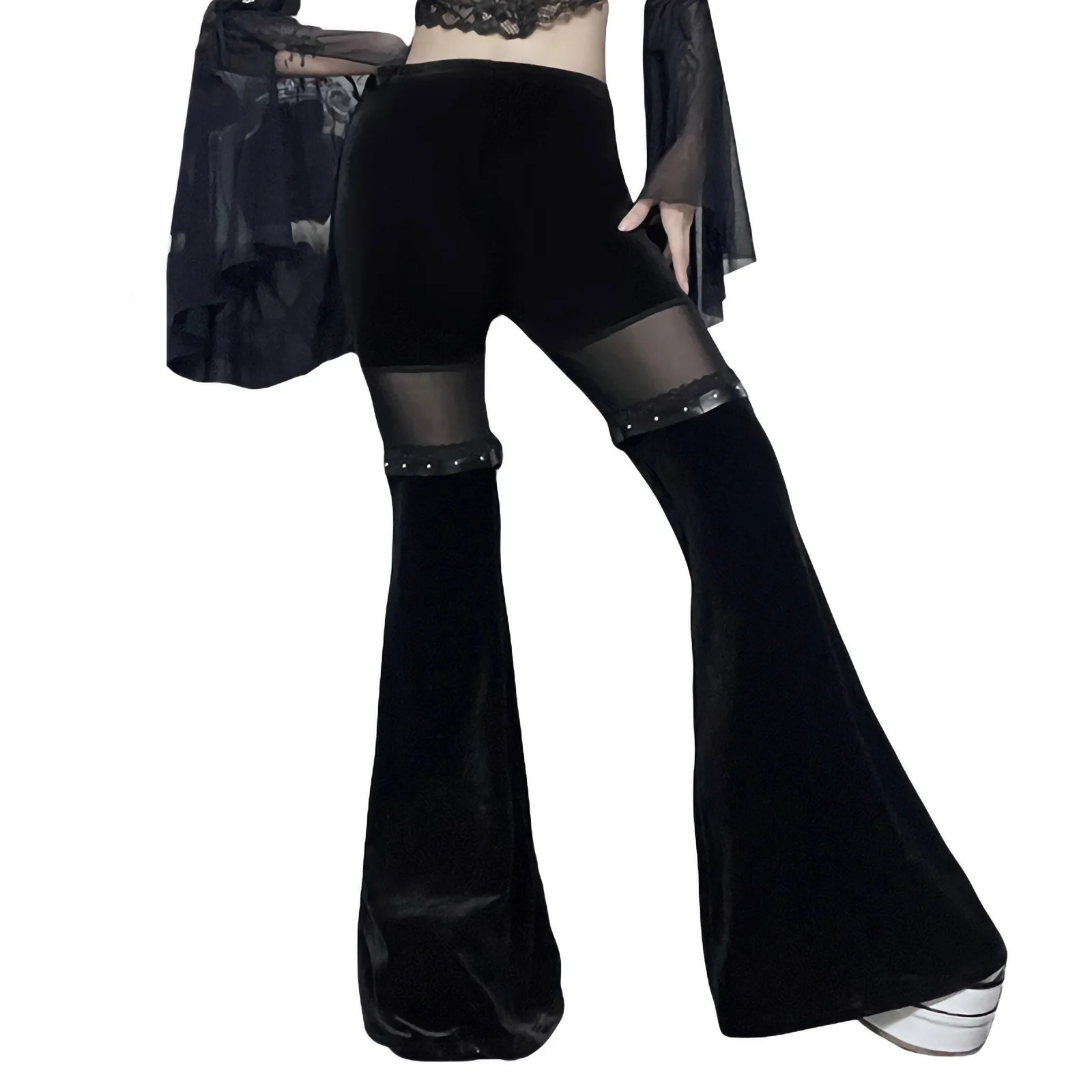 

Women Flare Pants High Waist See-through Patchwork Slim Fit Long Trousers for Club Party
