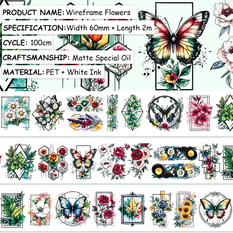 2m/롤 나비 PET 와시 테이프 꽃 마스킹 테이프 3D 크리스탈 잉크 장식 스티커 다이어리 스크랩북킹 저널용