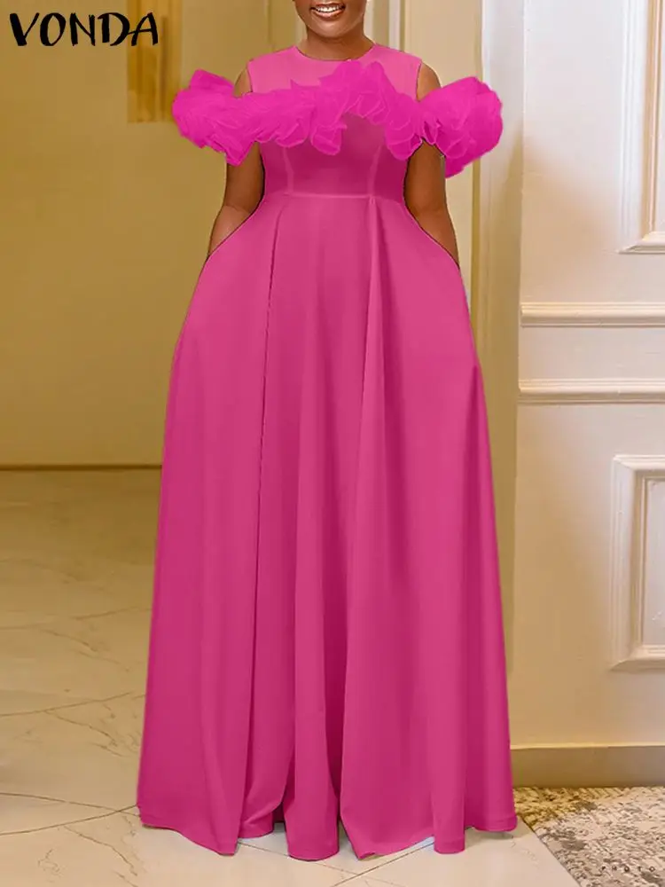 

VONDA Women Bohemian Dress 2024 Ruffled Dress Sexy Sleeveless Off Shoulder Sundress Casual Solid Pockets Elegant Party Long Robe