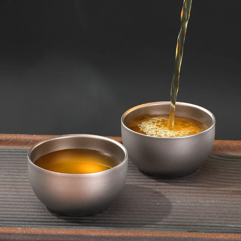 F5 2pcs 50ML Teapot Pure Titanium Double layer Small Tea Cup Coffee Outdoor Camping coffee and Tea Tableware Set Brewing Cup
