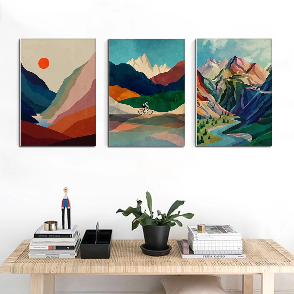 Nordic Abstract Landscape Sunset Canvas Painting Mountain Bike Travel Minimalist Poster Wall Art Living Room Home Decoration