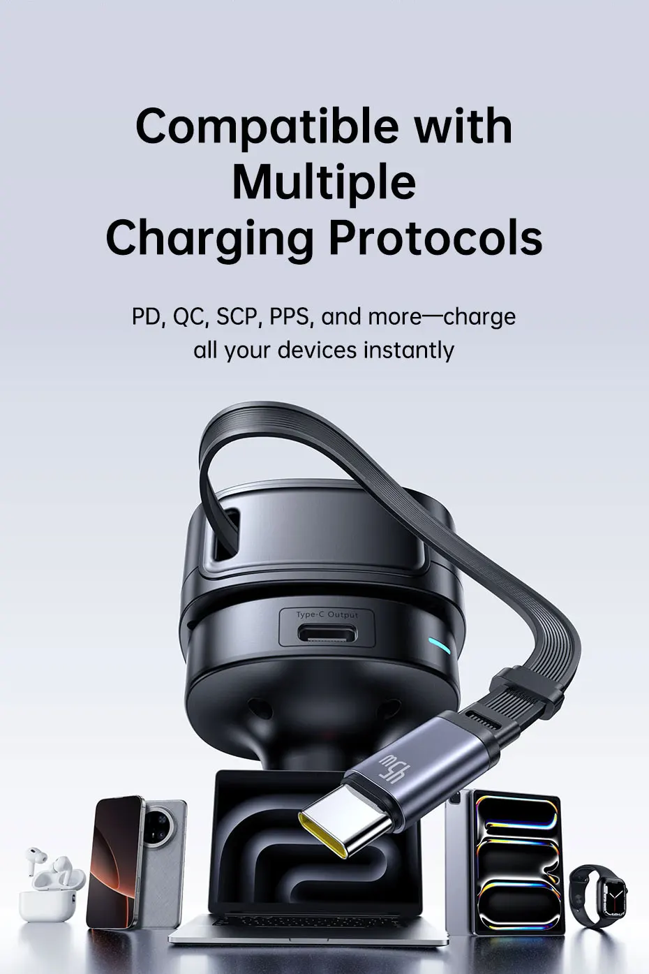60W Car Charger 45W Retractable Cable 3 Ports Fast Charging 180° Rotating Car Ph