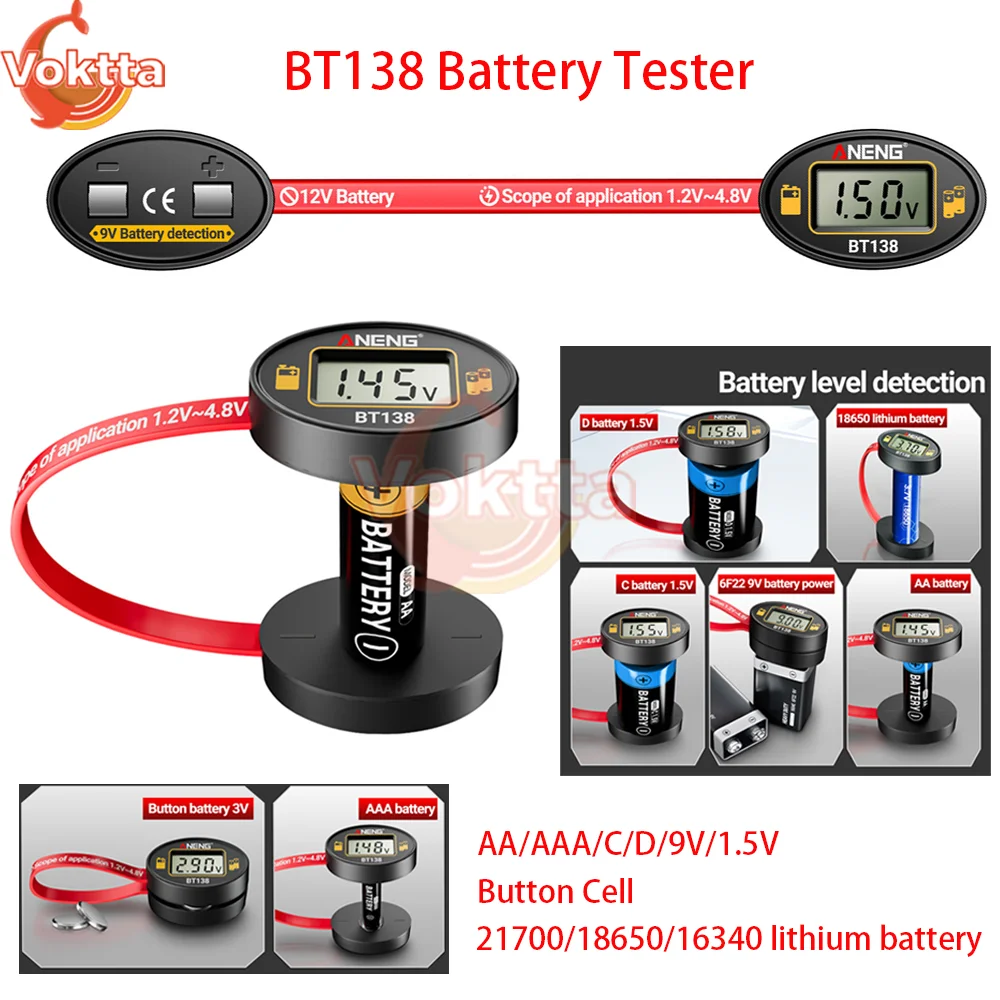 18650 Lithium Battery Capacity Tester Positive and Negative Battery Level Detector AA/AAA/C/D/9V/1.5V Button Cell Tester