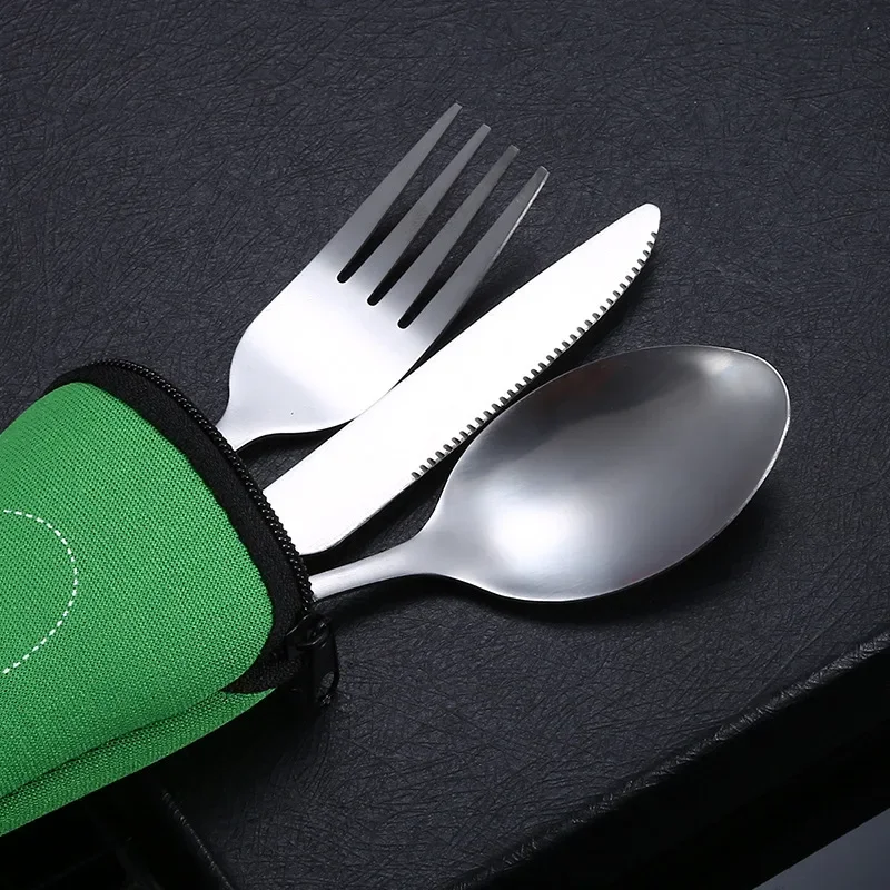 3pcs/7pcs Set  Dinnerware Portable Printed Stainless Steel Spoon Fork Steak Knife Set Travel Cutlery Tableware with Bag