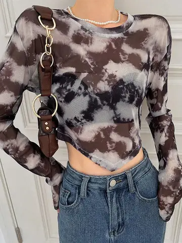 Summer T-shirt Women Long Sleeve Tie Dye Mesh Tops Irregual Y2k Vintage Crop Tops Streetwear Korean Style Tee Tops
