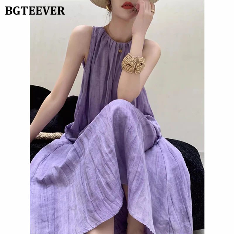 

BGTEEVER Spring Summer O-neck Female Sleeveless Mid-Length Dress Casual Loose Female Solid A-line Dress Stylish Ladies Vestidos