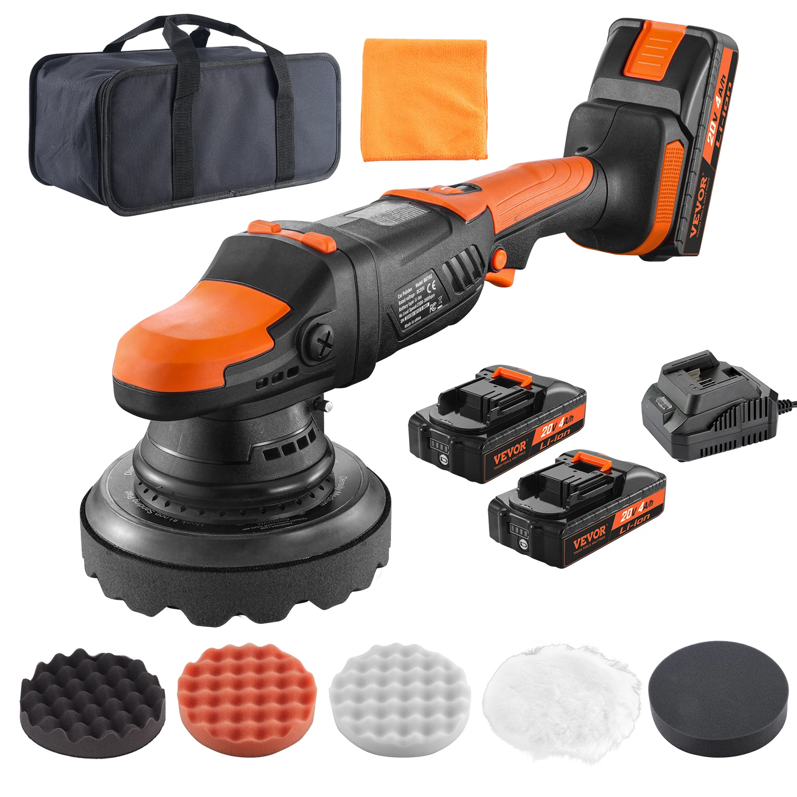 VEVOR 20V Cordless Buffer Polisher Brushless Dual Action Polisher with 4.0Ah Battery Random Orbital Kit for Car Waxing
