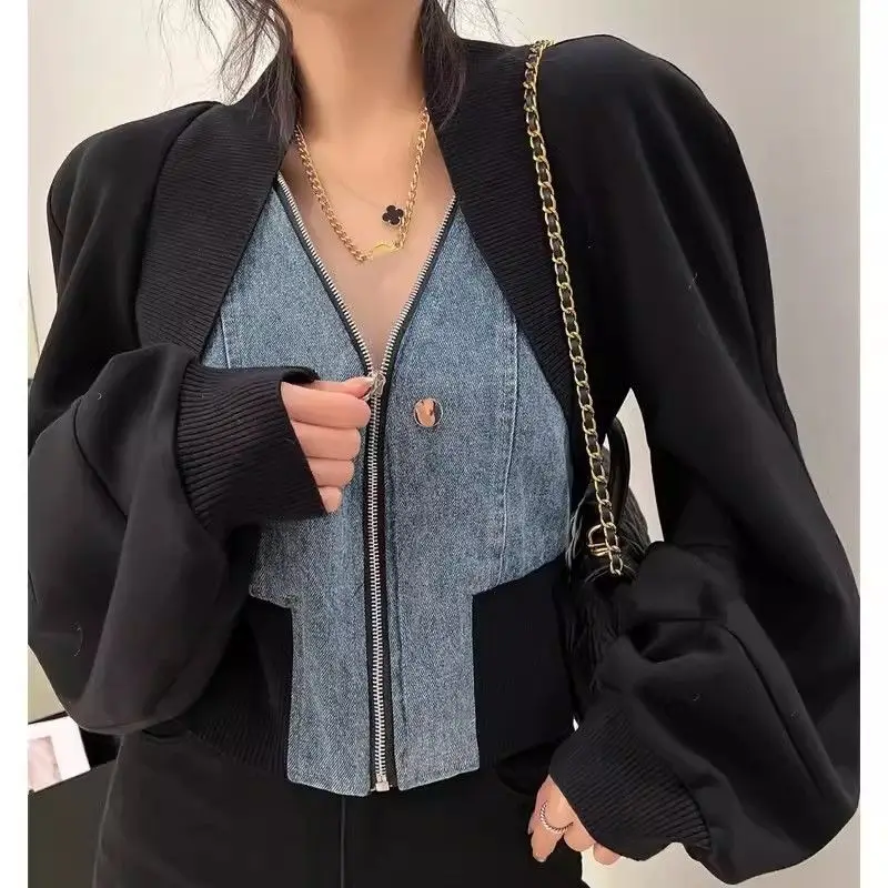 

Spring Autumn New Women's Fake Two Piece Combination Denim Top Long Sleeved Short Coat