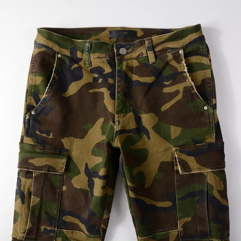 Camouflage Denim Jeans Pants Multiple Pockets Slim Fit Non Stretch Holes Ribs Patchwork Jeans Men