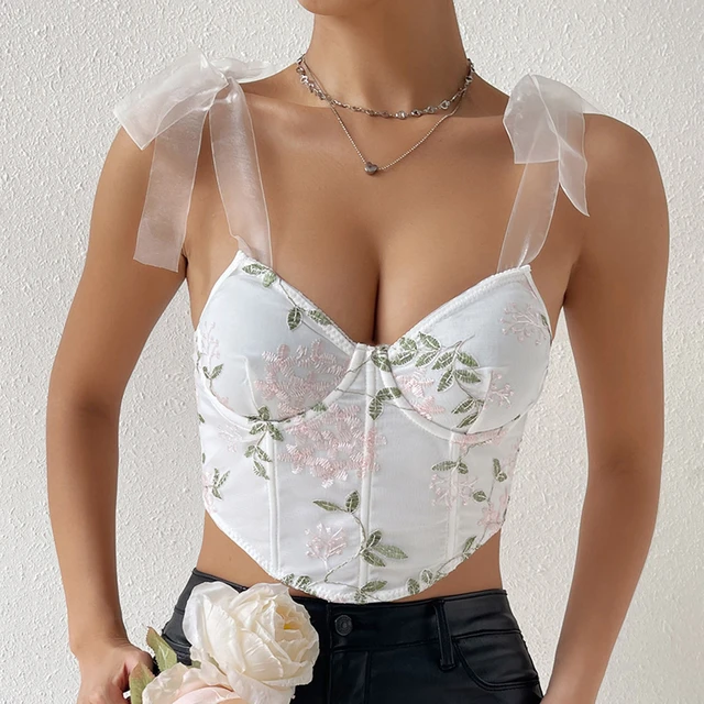 Floral Lace Embroidered Corset See-Through Flower Transparent Mesh Crop Top