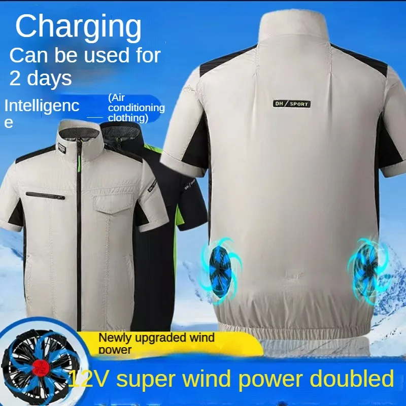 

Summer Cool Vest Air Conditioner Clothes Men Fishing Short Sleeve USB Charging Fan Cooling Workers Welding Outdoor Work Clothes