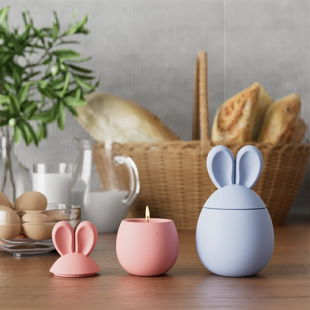 Boowan Nicole Hoppy Bunny Eared Easter Egg Candle Jar Silicone Mold for Gypsum Handmade Jesmonite Easter Candle Vessel Making silicone mold