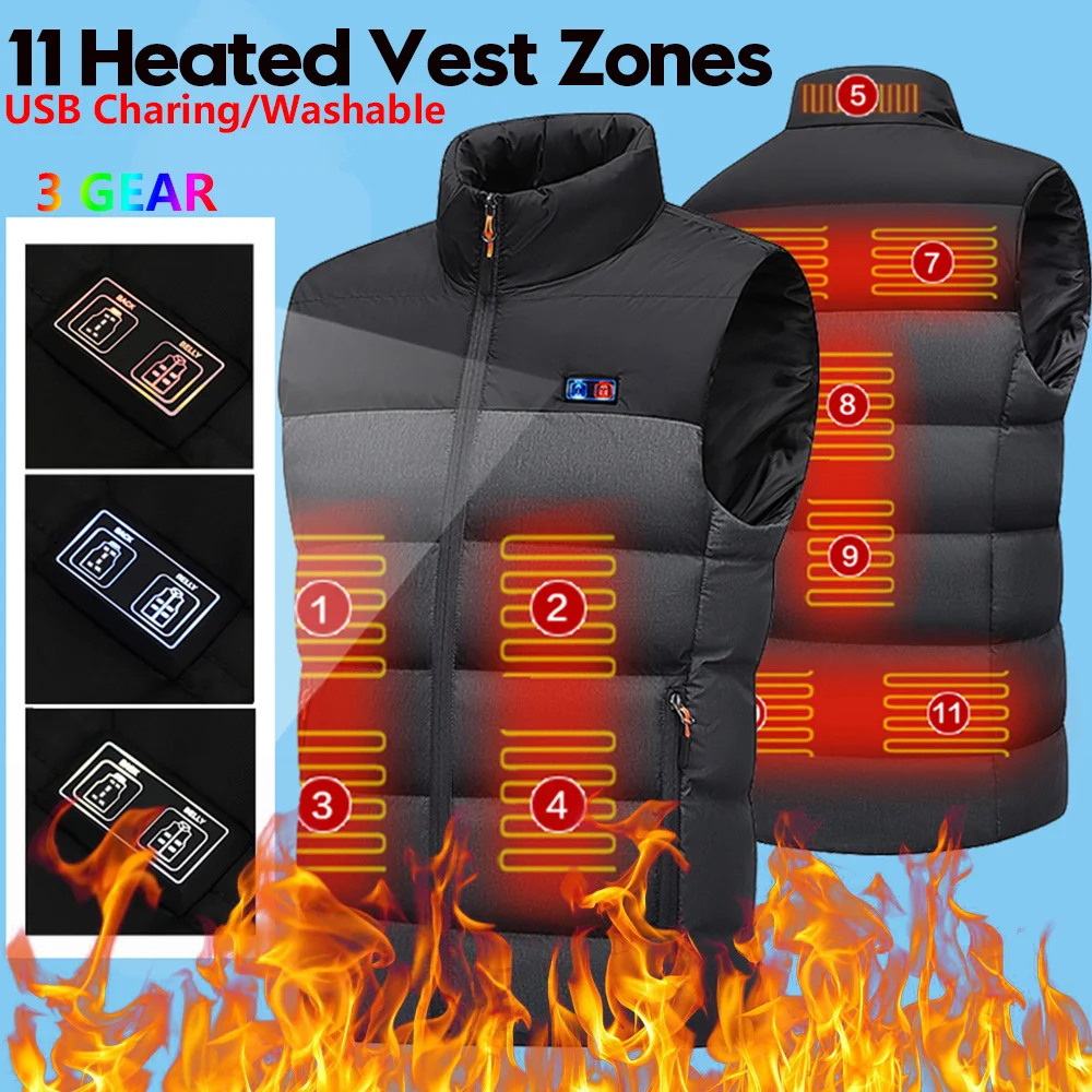 

11 Heated Vest Zones Electric Heated Jacket Washable Unisex Winter Jacket USB Winter Heating Vest Thermal Clothing Size S-6XL