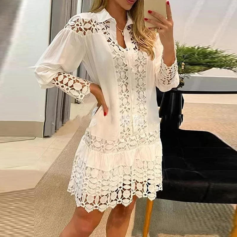 

New Women Mint Green Fashion With Belt Cutwork Embroidery Mini Dress Vintage Long Sleeves Front Buttons Female Dresses