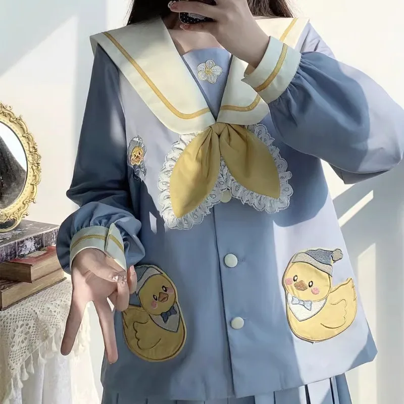 New Cartoon Lolita Japanese Cute Sweet Sailor Suit Academy Style Short Sleeved Top Skirt Set Spring Summer JK Blue Bow Uniform