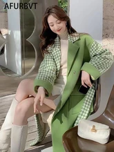 

Wool Jacket Women Winter New Korean Fashion Double Breasted Plaid Long Overcoat Thick Warm Woolen Coat Ropa Mujer