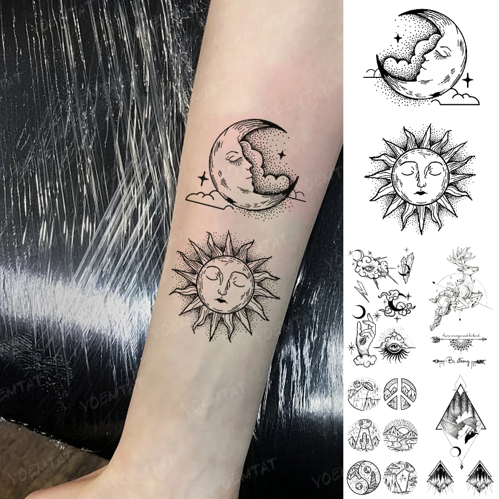 Waterproof Temporary Tattoo Sticker Moon Sun Black Line Geometric Flash Tatoo Women Men Child Arm Ankle Body Art Fake Tatto Cool women metal hollow out line geometric choker necklace