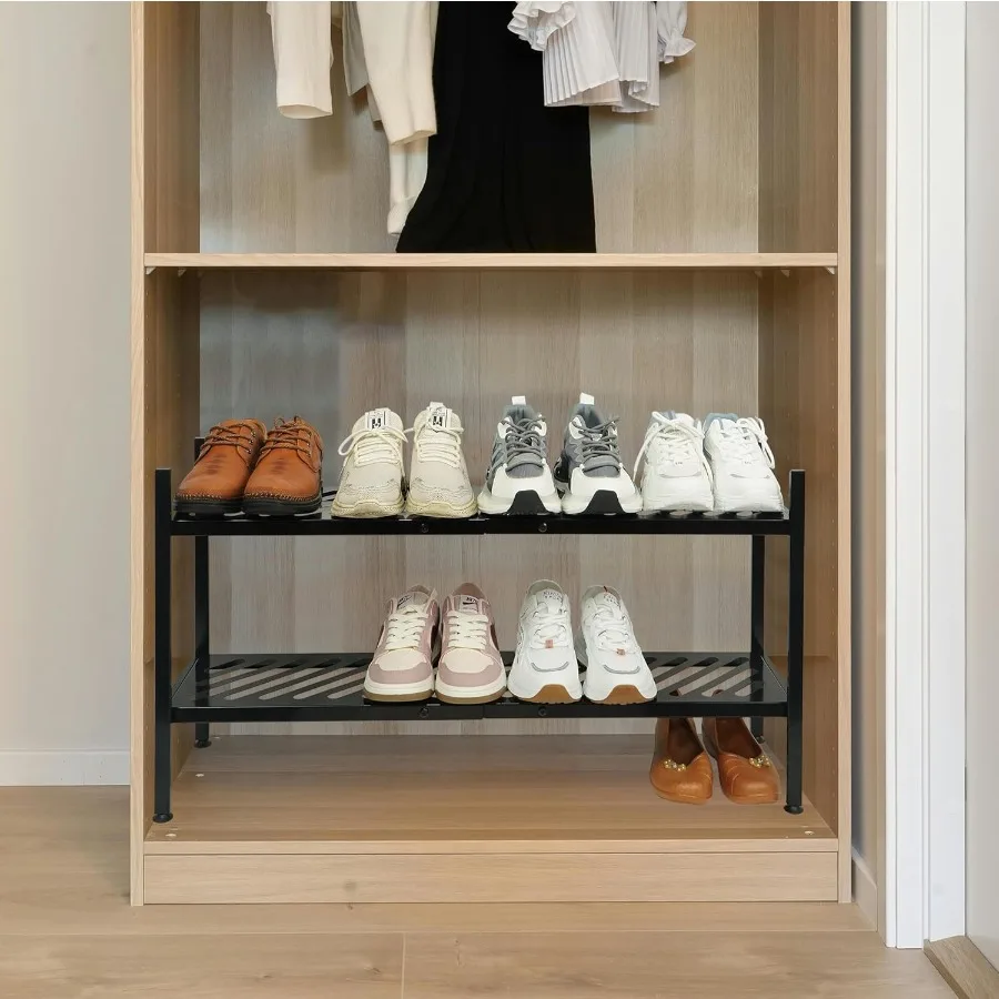 Shoe Rack Metal Shoe Organizer 2 Tier Shoes Shelf Storage 35 Inches Stackable Long Show Stand Holder for Closet Entryway Garage