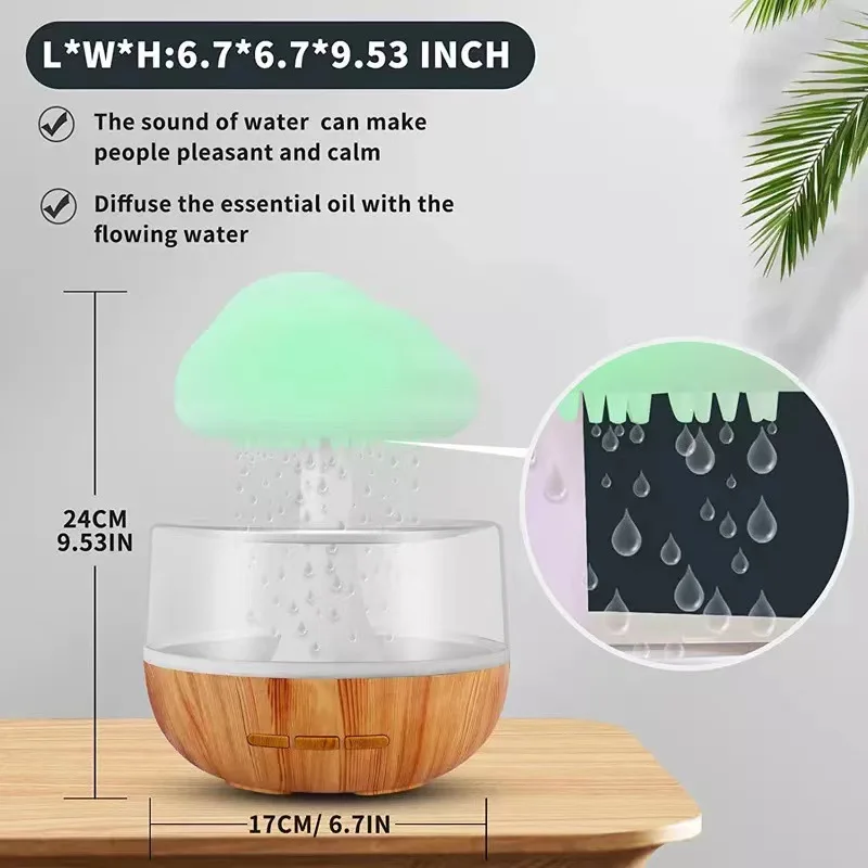 Humidificateur en forme de nuage de pluie, lampe d'aromathérapie relaxante,  diffuseur de son de pluie USB, veilleuse colorée pour la maison, 280ml