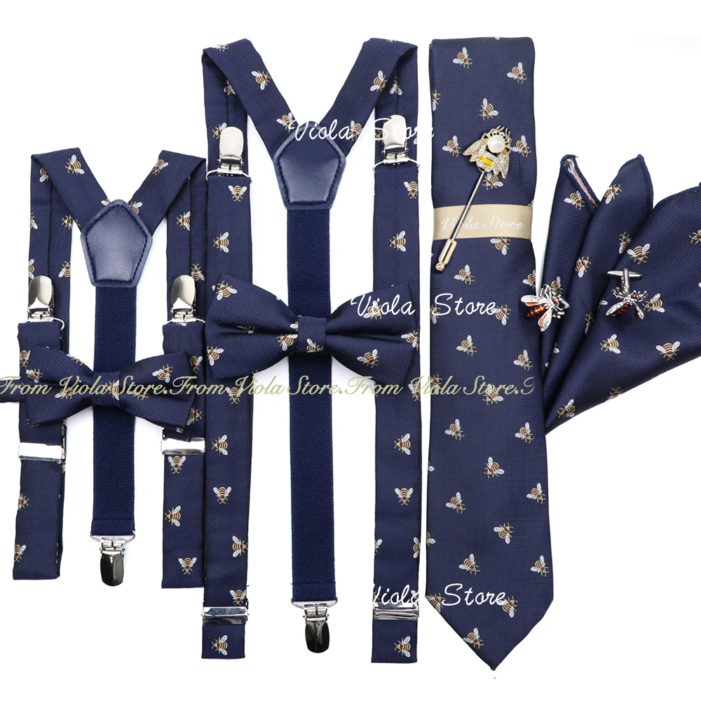 

Hot Bee Embroidery 2.5cm Suspender 7.5cm Tie Hankie Men Kid Bow Set Green Navy Cravat Brace Straps Wedding Party Gift Accessory