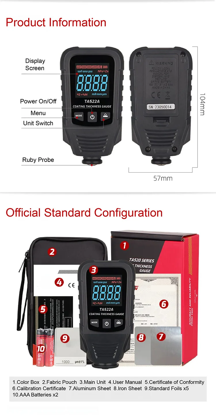 TA521A/522A Paint Coating Thickness Meter 0‑2000µm High Accuracy Car Paint Teste