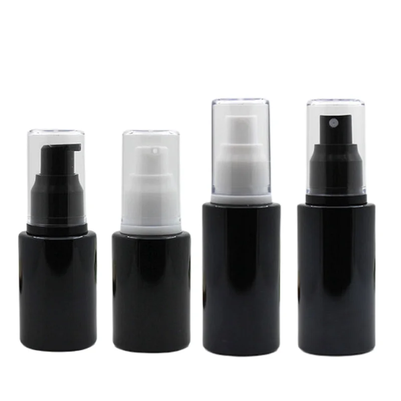 

20ml 30ml 40ml 60ml Empty Glass Lotion Spray Bottle Press Pump New Glossy Black Cosmetic Packaging Essence Emulsion Vials 10pcs