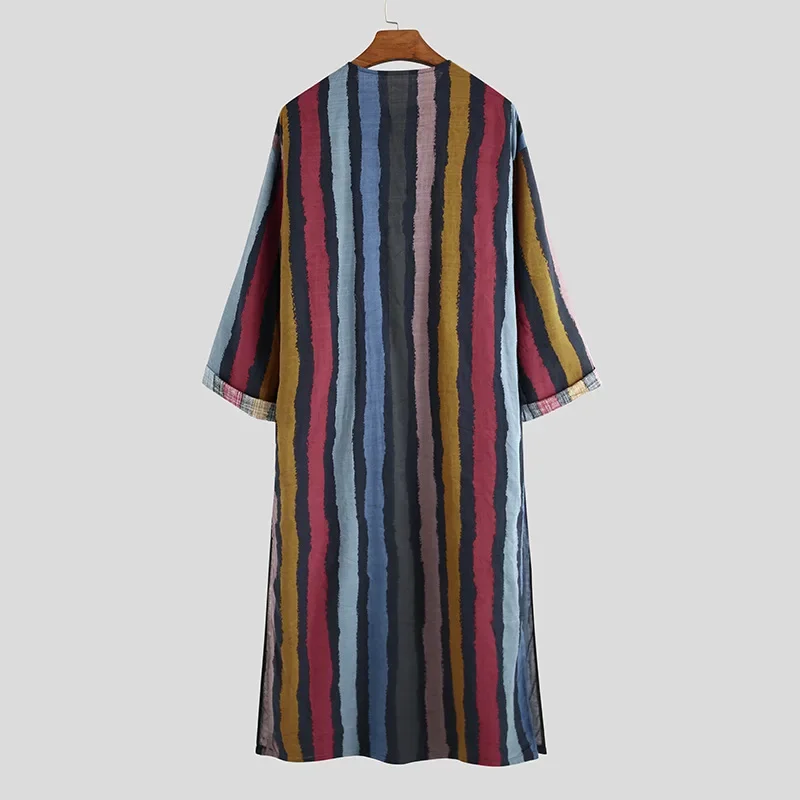 Muslim Men\'s Robe Casual Striped Print Long Loose All-match Kaftan Comfortable Long Sleeve Jubba Thobe Robes S-5XL