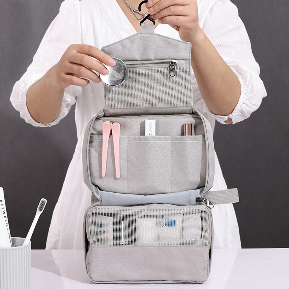 

Solid-Color 3-Grid Toiletries Bag With Hook Multifunctional Cosmetic Storage Bag Gift For Birthday Christmas