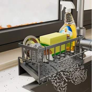 Kitchen Drill-Free Sink Organizer Multi-Use Sponge Soap Holder Draining Rack for Kitchen Countertop Storage Waterproof Shelf