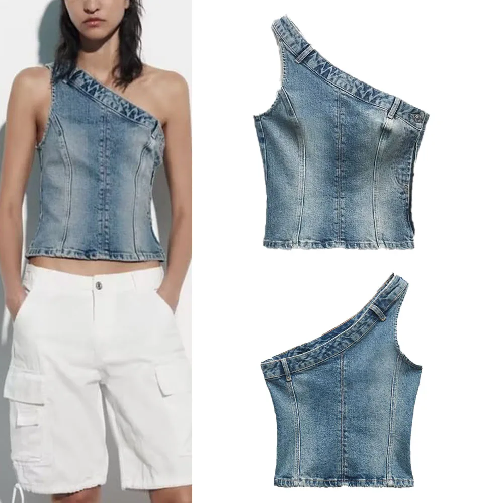 

New style women's temperament fashion casual sexy Ruili off-shoulder design back metal zipper closure asymmetrical denim top