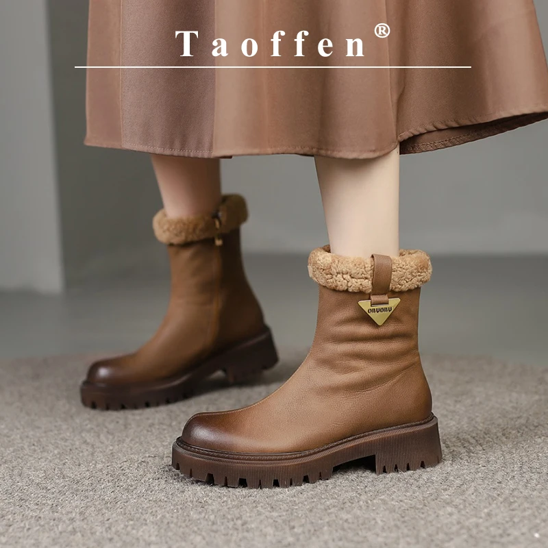 

Taoffen Keep Warm Ankle Boots For Women Wool Blend Block Heels Round Toe Anti-slip Boots Thick Water Proof Zipper Lady Shoes