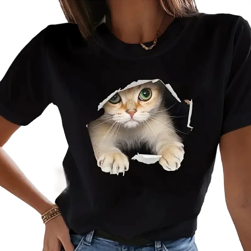 

Женская футболка с короткими рукавами, футболка в европейском и американском стиле с круглым вырезом и 3D-принтом «Мяу»