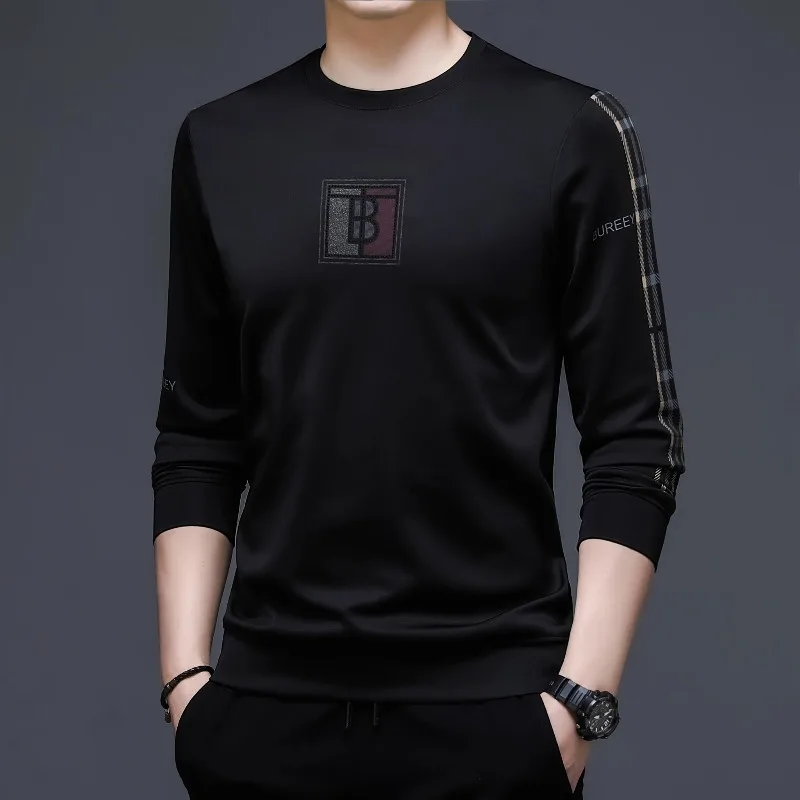 Men's Round Neck Pullover Spring Autumn Striped Solid Letter Embroidery Printed Lantern Long Sleeve T-shirt Hoodies Casual Tops