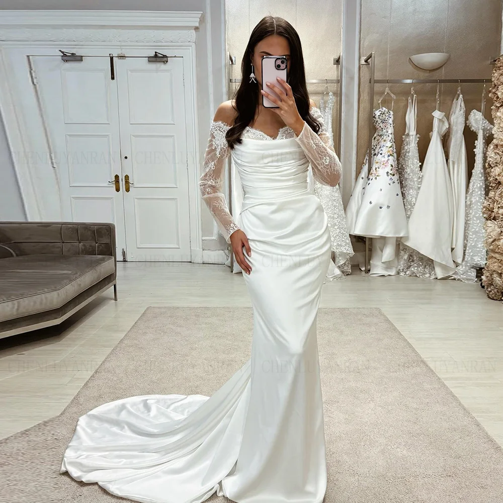 

Ivory Mermaid Wedding Dresses Off-Shoulder Long Bride Dress Pleat Lace Satin High Quality Dress For Women 2024 Robe De Mariée