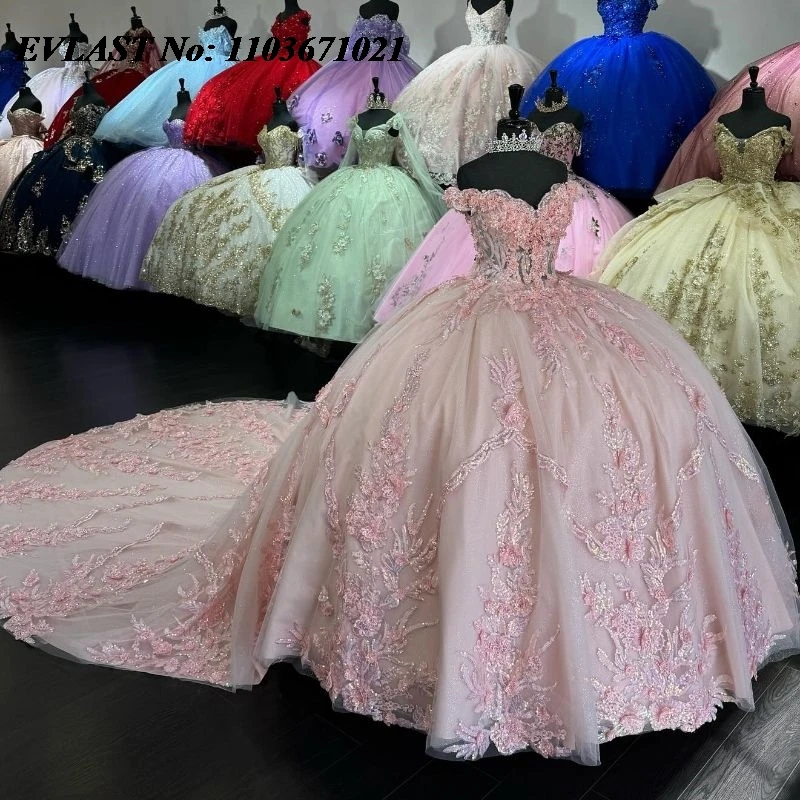 

EVLAST Mexican Pink Quinceanera Dress Ball Gown 3D Floral Applique Beading Crystals Corset Sweet 16 Vestidos De XV 15 Anos SQ35