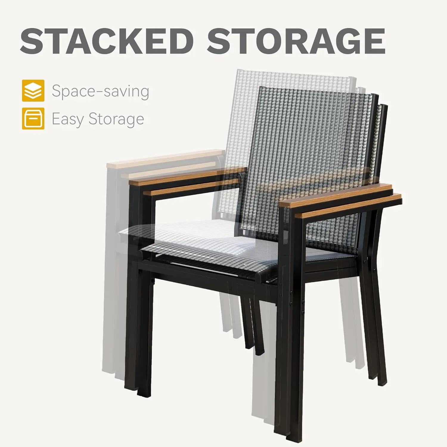 Stackable Patio Chairs Set of 2. All-Weather. Olefin Fabric. Faux Wood Armrests. Black & White Plaid.