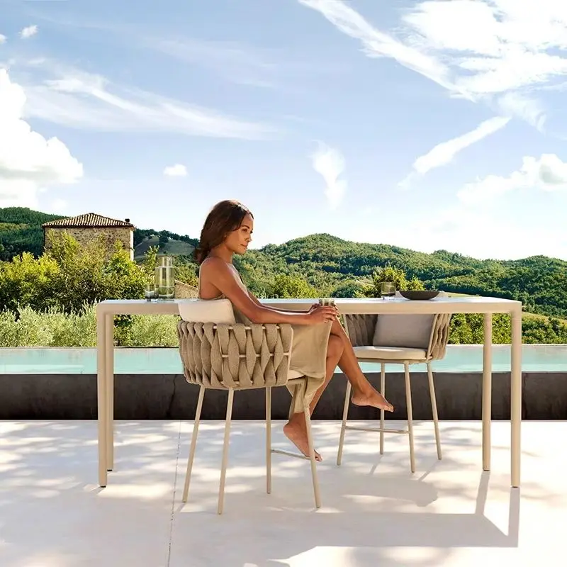 Outdoor Bar Chair Leisure High Stool Balcony Patio Rattan Chair Open Air Restaurant Cafe Aluminum Rope Woven Furniture Design