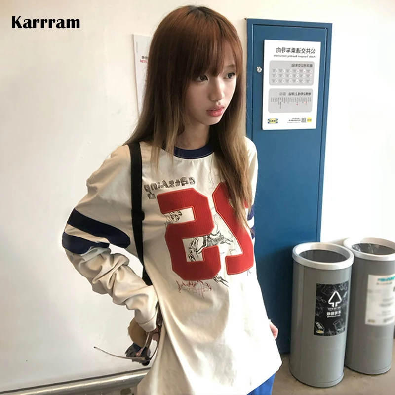 Karrram Japanese Y2k Number Print T-shirt 2000s Aesthetics Long Sleeve Jersey Tops Vintage Harajuku Streetwear American Retro